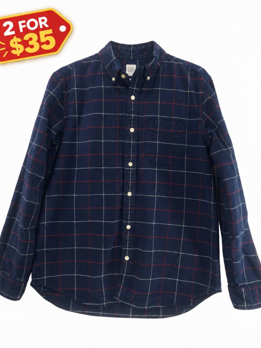 GAP, Long Sleeve Button Down Shirt, Windowpane Plaid Men's US Medium